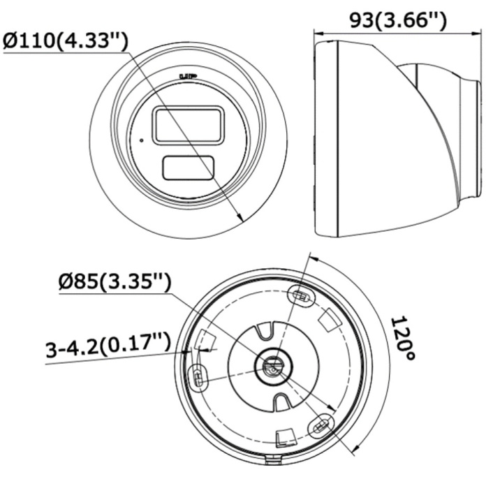 Rysunek techniczny kamery kopułkowej Hikvision 6Mpx